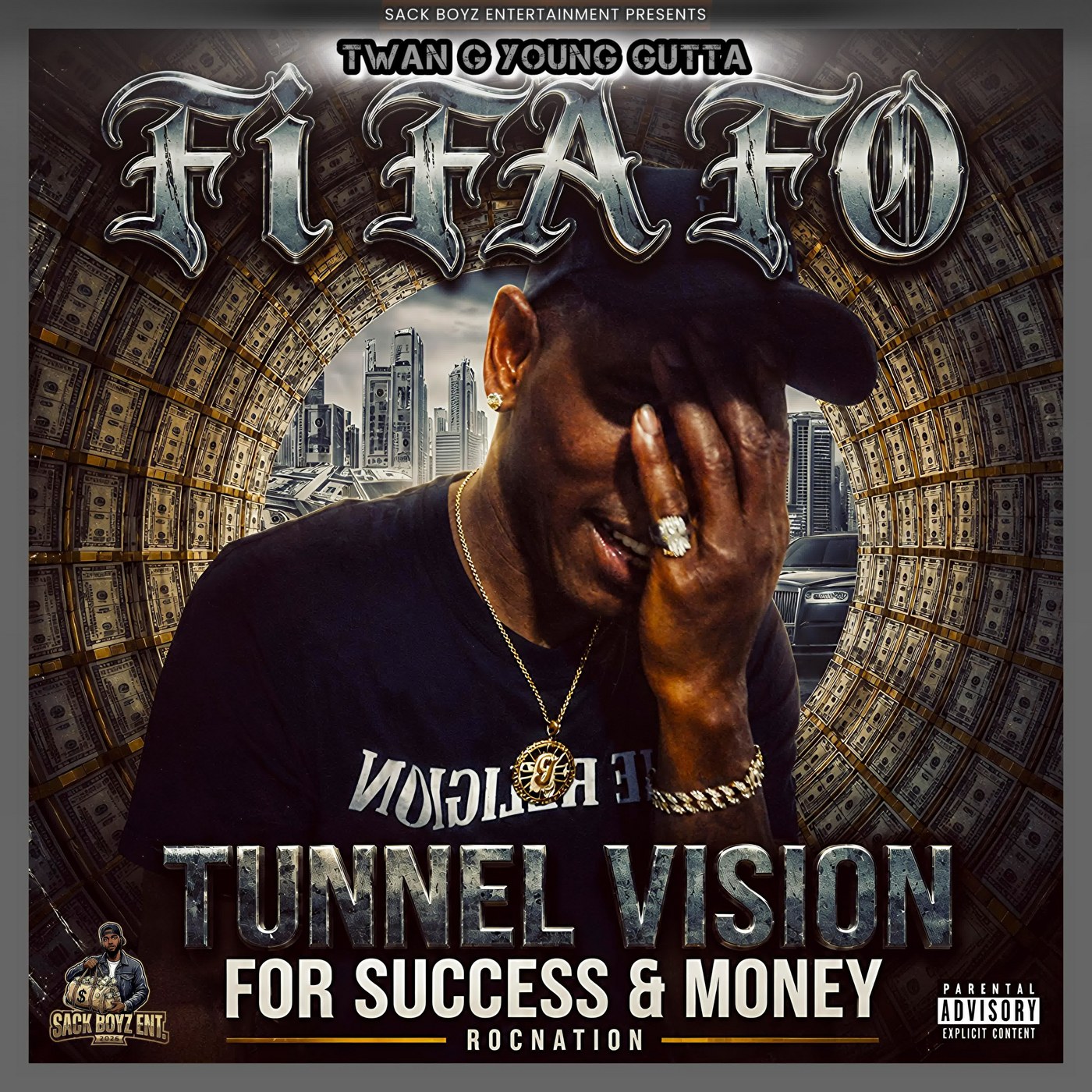 Cover art for “Fi Fa Fo” by Twan G Young Gutta — Twan in a cap and gold chain in front of a tunnel of money and a city skyline