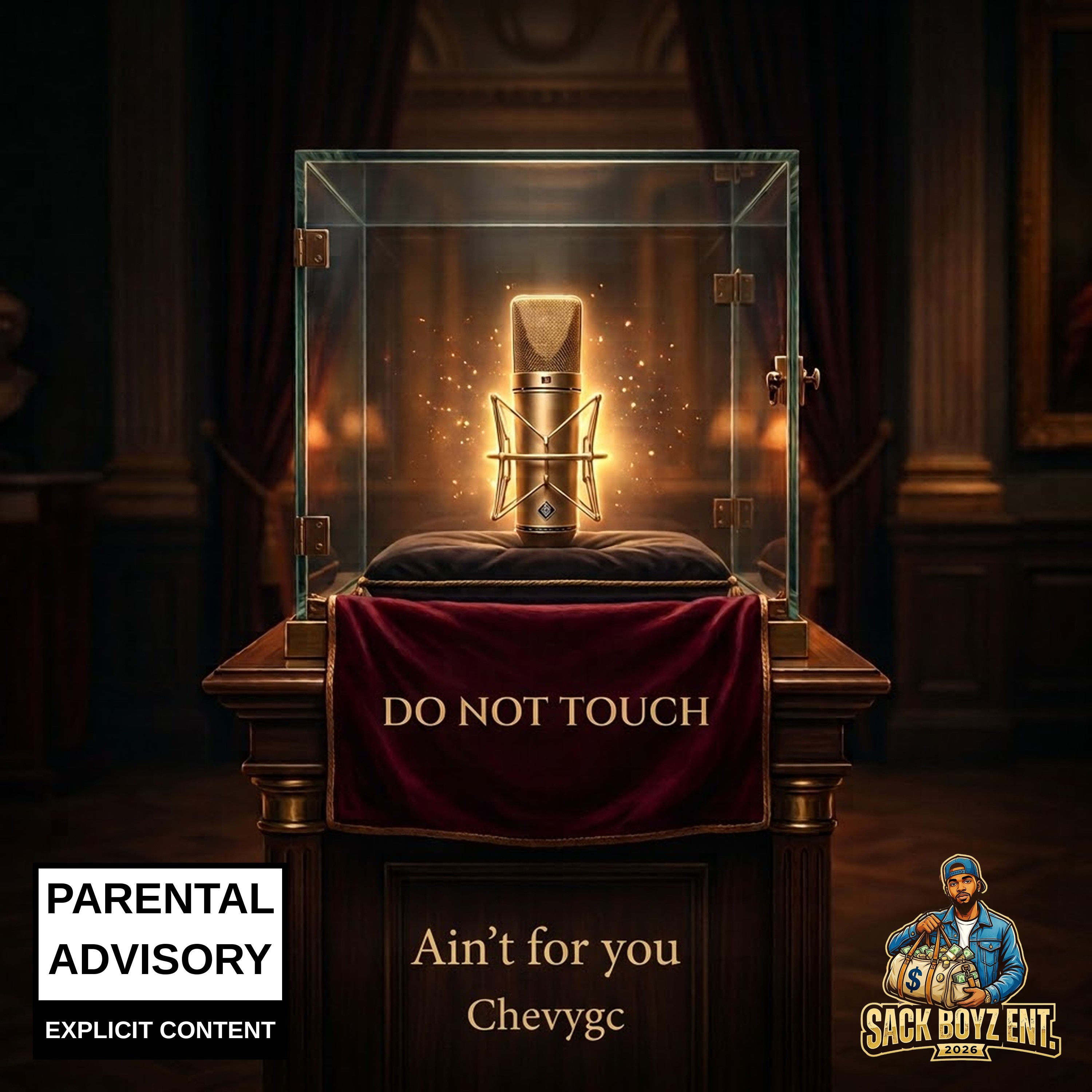 Cover art for “Ain't For You” by Chevy GC — a glowing gold microphone in a glass display case on a pedestal draped with a “Do Not Touch” cloth