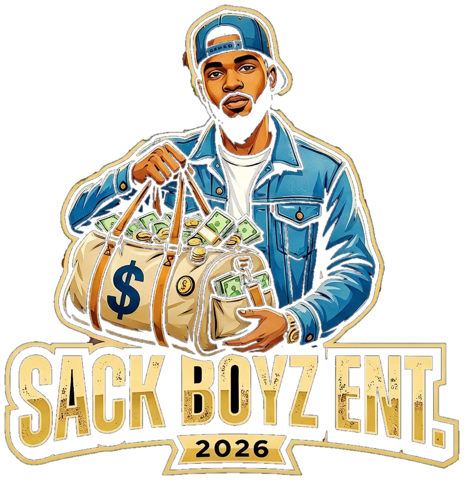 Official SBE 2026 group mark showing a cartoon man in a denim jacket and backwards cap holding a money bag above gold Sack Boyz Entertainment lettering