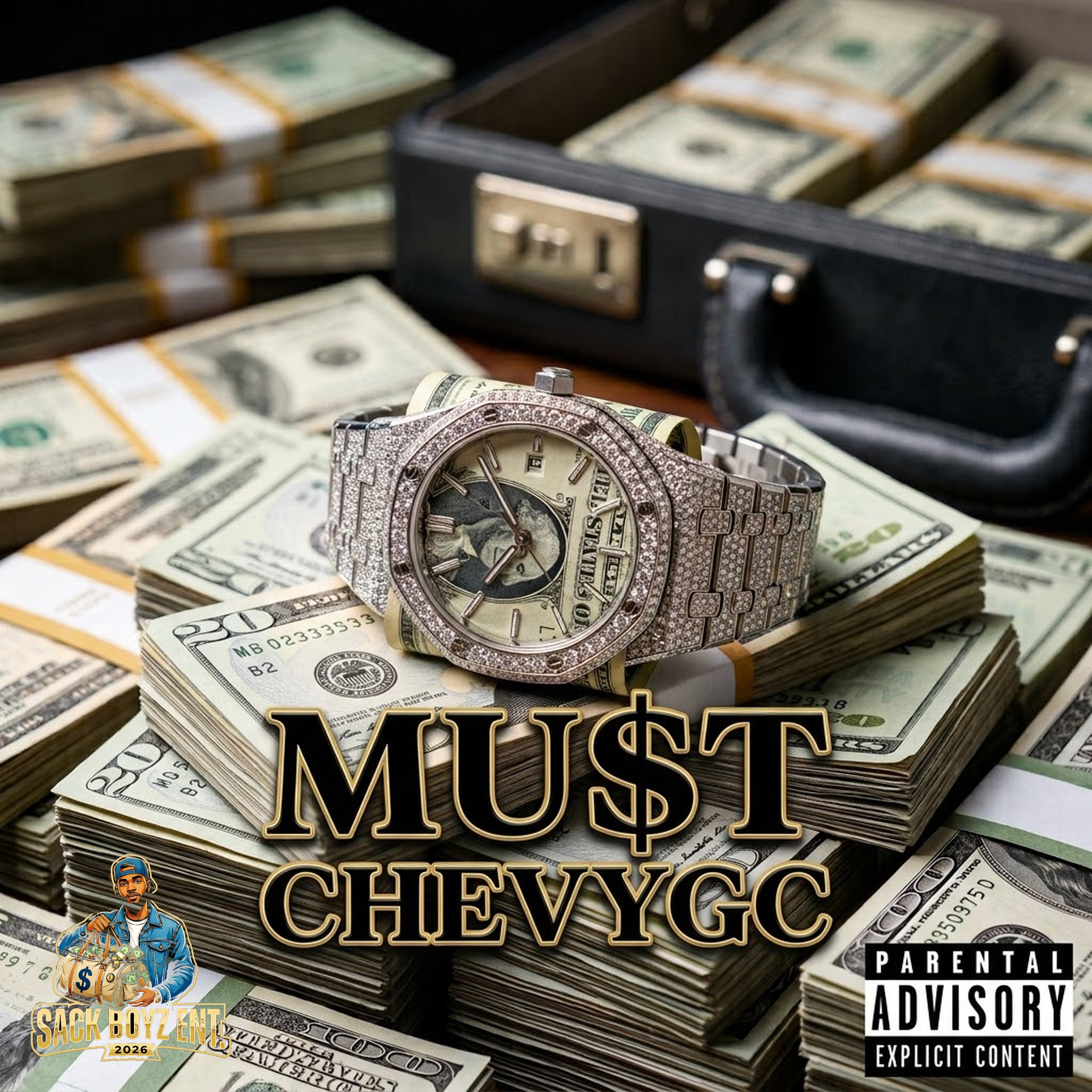 Cover art for “Mu$t” by Chevy GC — a diamond-covered watch resting on stacks of cash beside an open briefcase