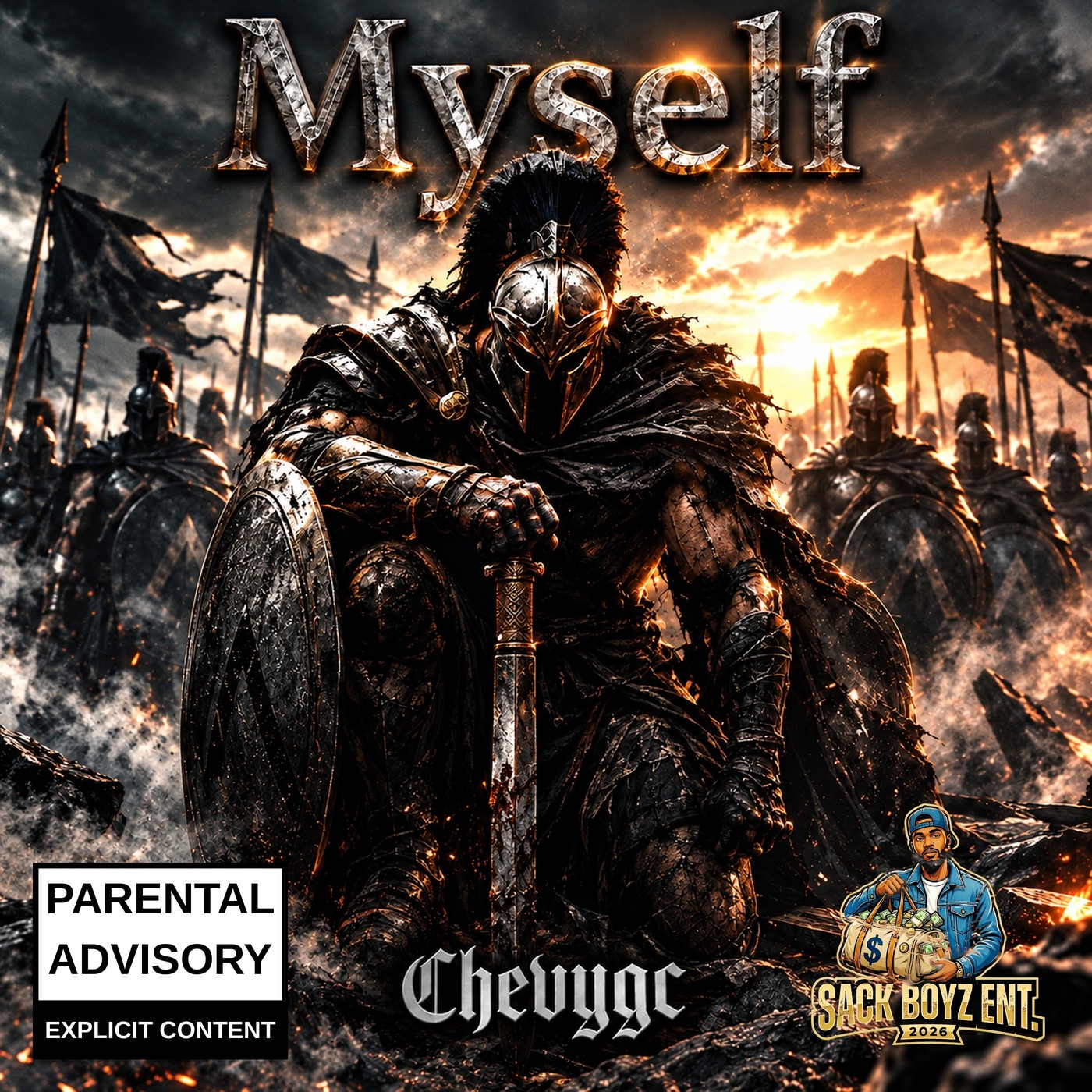 Cover art for “Myself” by Chevy GC — a kneeling armored warrior with sword and shield on a battlefield at sunset