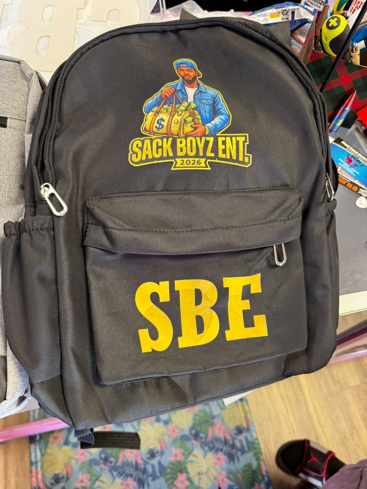 Black Sack Boyz Entertainment 2026 backpack with gold SBE lettering